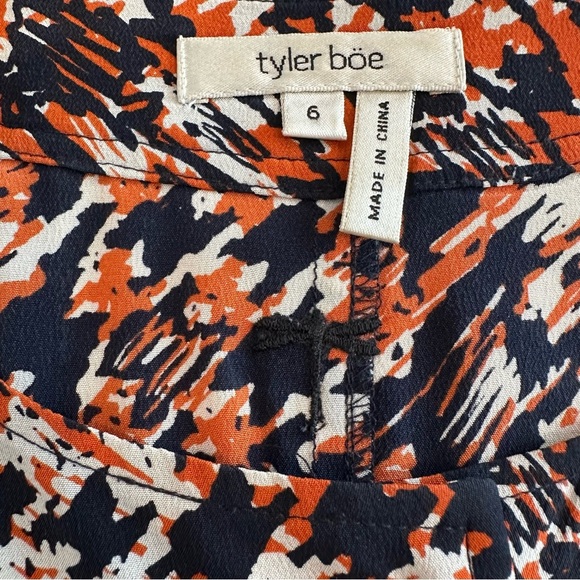 Tyler Boe Elegant Silk Navy Blue and Orange Patterned Long Sleeve Dress - Picture 15 of 16